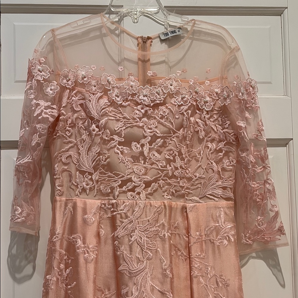 Embroidered Illusion Yoke Midi Dress in Blush Pink - Picture 2 of 7